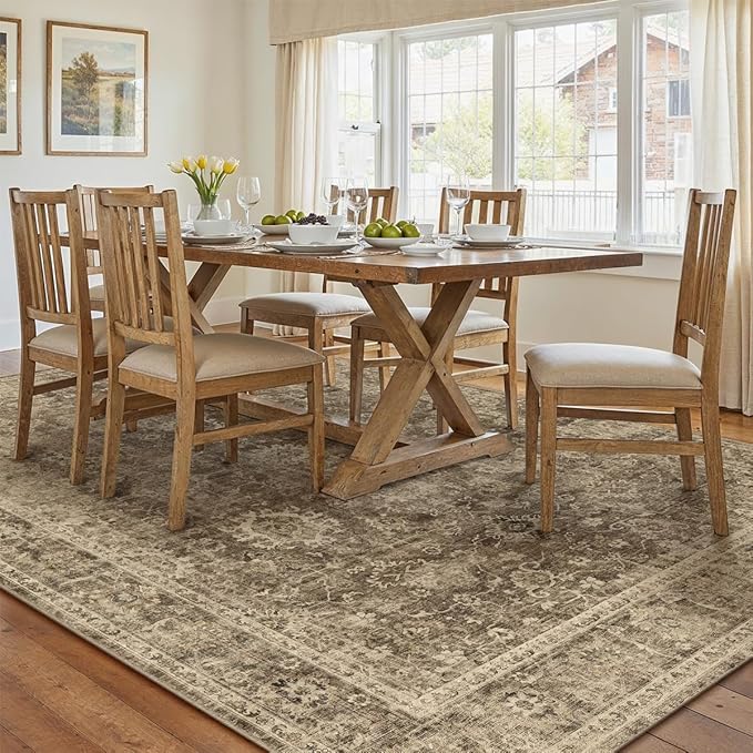 10x12 Brown Vintage Area Rug for Living Room Bedroom Large Distressed Rustic Carpet Non-Slip Low Pile Lightweight Vacuumable Soft Washable Throw Rug for Indoor Dining Room