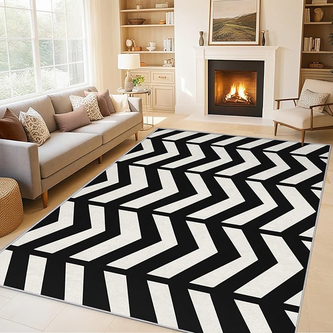 2x3 Black and White Chevron Throw Rugs for Entryway, Washable Geometric Pattern Indoor Door Mat, Bedroom Kitchen Entrance, Non Slip Soft Thin, Modern Zigzag Decor Small Area Rug PF-P 49
