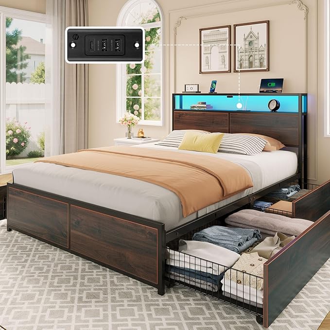 Rolanstar Queen Bed Frame with 4 Storage Drawers & 2-Tier Storage Headboard