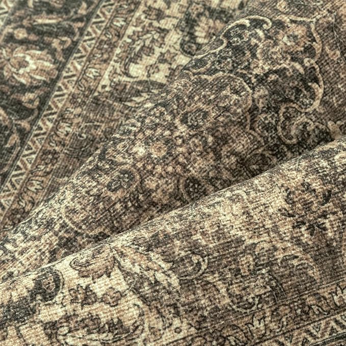 4x5 Washable Brown Area Rug Vintage Entryway Office Carpet Non-Slip Soft Low Pile Distressed Indoor Throw Rug for Living Room Bathroom Dining Room