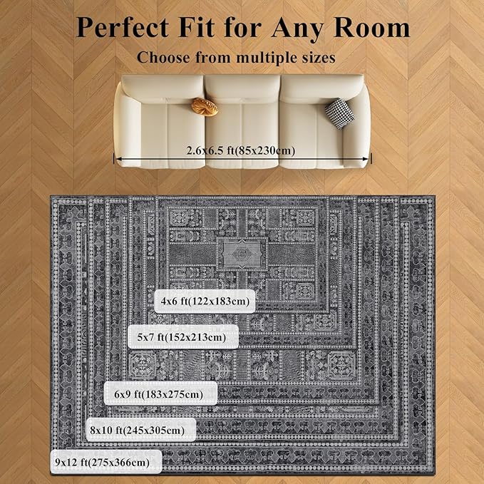 9x12 Area Rug Living Room Rugs, Stain Resistant Washable Rug, Vintage Large Non-Slip Backing, Low Pile Lightweight Print Rug for Bedroom Dinning Room Home Office (Grey)