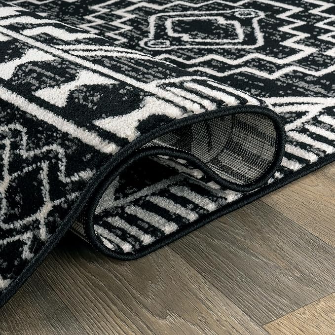 Rugshop Southwestern Black and White Tribal Area Rug – Geometric Diamond Pattern Carpet for Living Room, Bedroom, or Entryway – Boho Rustic Soft Floor Decor 2' 3" x 12' Runner Black