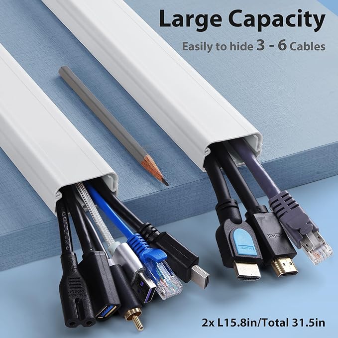 Cord Cover Wall 32in, TV Cord Hider for Wall Mounted TV, Large Cable Hider Kit for 3-6 Cords, Wire Management Raceway, White Wire Hider Concealer, 2 x L15.8in, W1.5in H0.75in