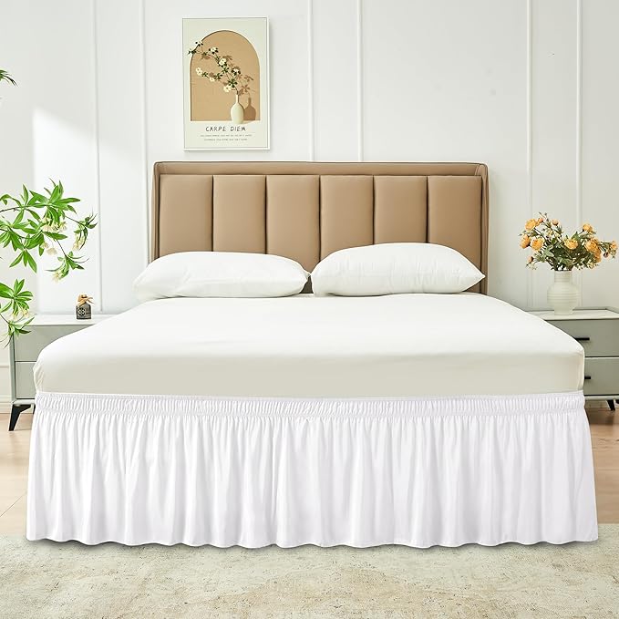 Biscaynebay Wrap Around Bed Skirts for King & Cal King Beds 14" Drop, White Adjustable Elastic Dust Ruffles Easy Fit Wrinkle Resistant Silky Luxurious Fabric Machine Washable