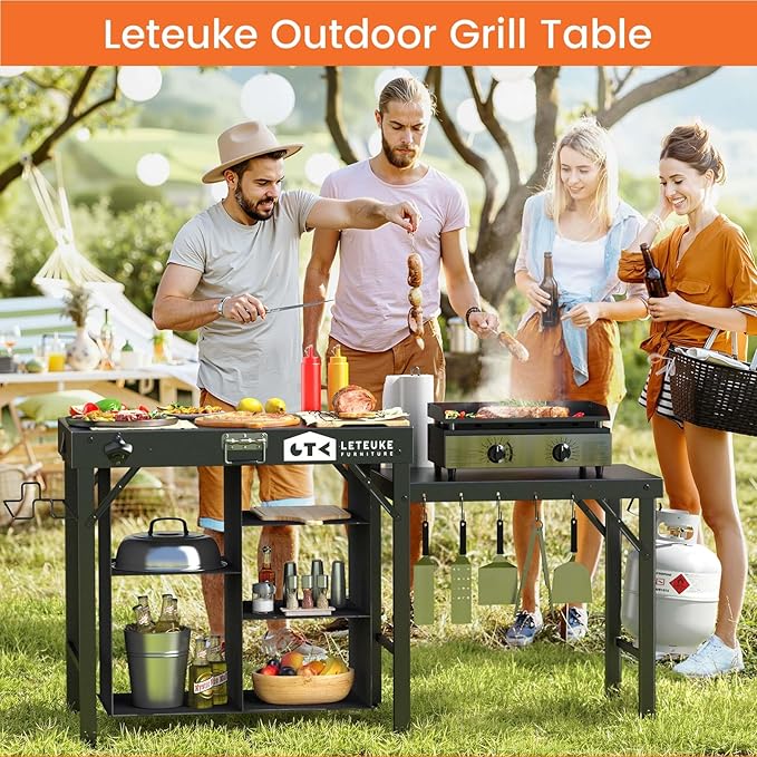 Leteuke Grill Table for Blackstone Griddle, Portable Foldable Grill Table with Storage Fits Ninja, Blackstone Griddle Stand for Outdoor Camping, Picnic, Garden, Patio, Dining, BBQ, Party