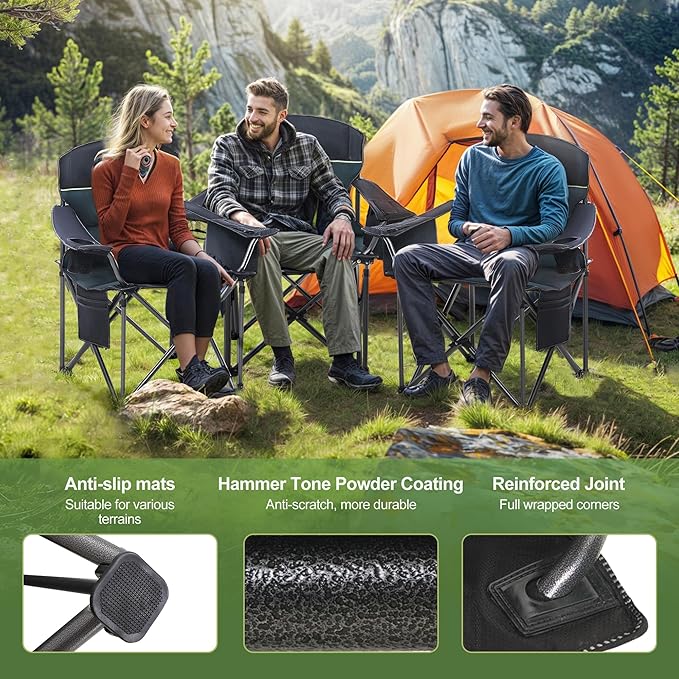 LET'S CAMP Oversized Folding Camping Chair Portable Outdoor Heavy Duty Padded Chairs Lawn Chair with Cup Holder, Storage Pocket and Cooler Bag, Supports 450LBS, for Camp, Travel, Picnic (Green)