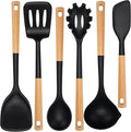 NCUE Kitchen Utensils Set, Large Non-stick Silicone Cooking Utensils Set 6 Pcs, Wooden Handle Heat Resistance Silicone Spatula Soup Ladle Pasta Server Kitchen Gadgets Utensils Set BPA Free (Black)