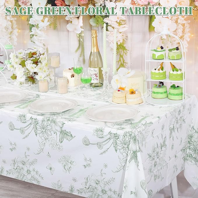 3 Pack Sage Green Floral Plastic Tablecloths, 54 X 108Inch Tea Party Tablecloth Disposable Table Cloths Green and White Porcelain Tables Decor for Garden Wedding Tea Party Birthday Baby Bridal Shower