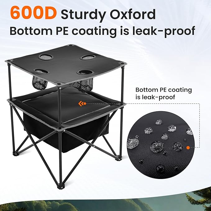 Portable Outdoor Folding Camping Table with 4 Cup Holders & Cooler Compartment, Waterproof Picnic Table for Picnic, BBQ, Beach, Hiking (Black)