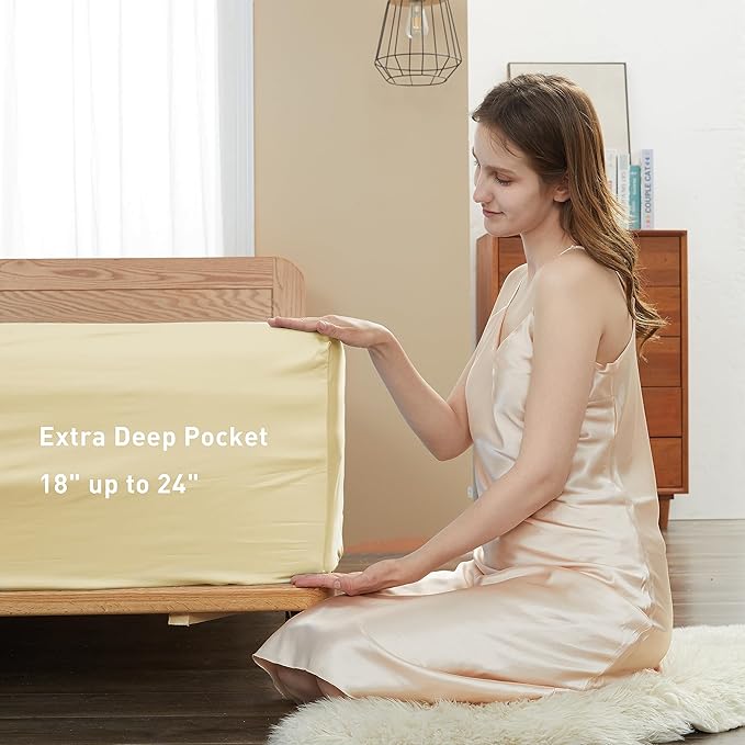 Sunflower California King Fitted Sheet, 1-Piece Extra Deep Pocket Fitted Bottom Sheet 22", 100% Cotton Sateen Soft Breathable, Butter Cream