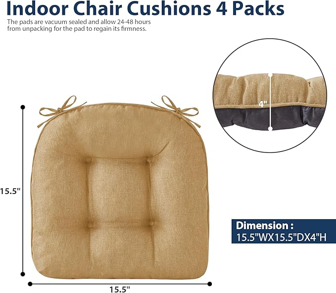 Chair Cushions for Dining Chairs, Seat Cushions for Kitchen Chairs, Indoor Seat Cushions with Ties, Tufted Foam Chair Pads, Non Slip Chair Cushions Set of 4, 15.5" x 15.5" x 4", Khaki