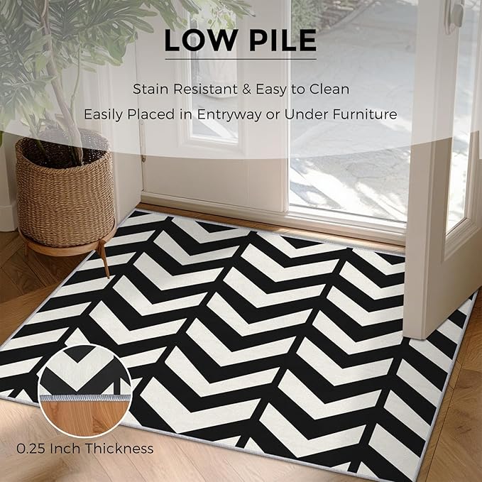 4x6 Black and White Chevron Rugs for Bedroom Decor, Washable Chevron Geometric Pattern Area Rug, Living Room Home Decoration, Non Slip Soft Thin, Modern Zigzag Decor Carpet PF-P 49
