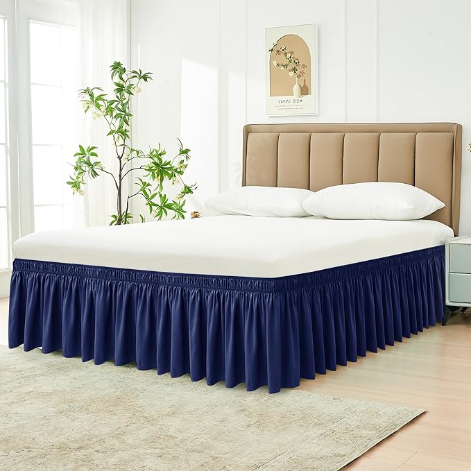 Biscaynebay Wrap Around Bed Skirts for Queen Size Beds 18" Drop, Navy Adjustable Elastic Dust Ruffles Easy Fit Wrinkle Resistant Silky Luxurious Fabric Machine Washable