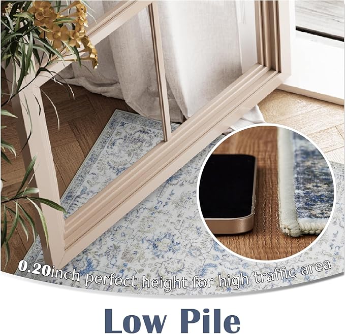 jinchan Kalen Runner Rug 3x7 Washable Area Rug Soft Indoor Floor Cover Thin Retro Distressed Blue Multi Carpet Floral Print Country Boho Non Slip for Bathroom Kitchen Bedroom Living Room