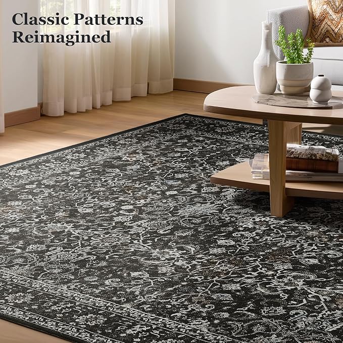 Charcoal 5x7 Area Rugs for Living Room Bedroom, Washable Non Slip Low Pile Thin Soft Carpet Rugs for Dining Room/Kitchen/Home Office/Nursery, Vintage Earth Tone Dark Muted Black and Grey Rug