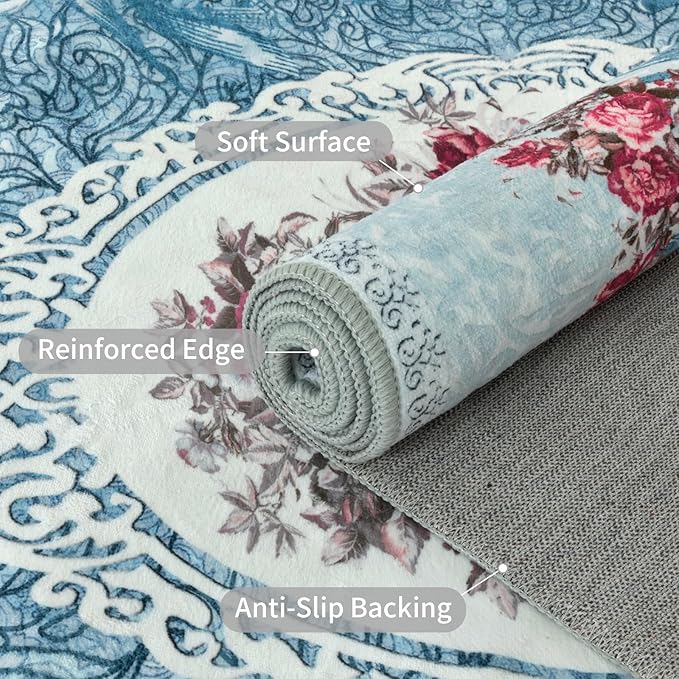 Easy-Going Area Rug 4x6 Washable Floral Rugs for Living Room Non-Slip Bedroom Rug Low Pile Lightweight Retro Flowers Throw Rug for Dining Room Kitchen Home Office Carpet, Teal Red