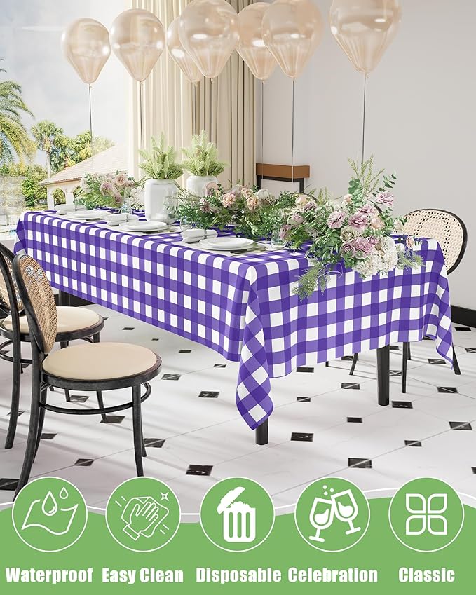 Smiry 12 Packs Gingham Disposable Table Cloth, 54 x 108 Inch Waterproof Plastic Tablecloth, Rectangle Purple and White Checkered Table Covers for Picnic, Birthday, Party