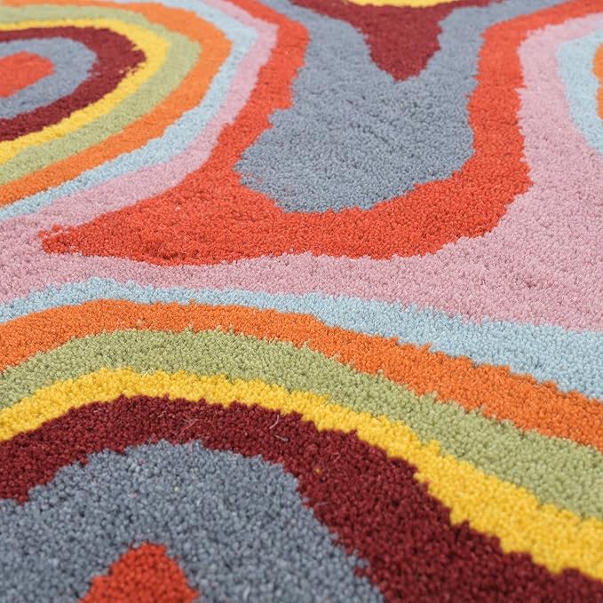 Irregular Shaped Handmade Wool Rug | Modern Colourful Stripe Premium Area Rug Perfect for Home Decor (IR-D, 4x4 ft)