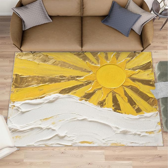 Boho Sun Area Rugs 4x5ft, Abstraction Deco Kids Play Rug, Minimalist Sunburst Throw Rugs Bedroom Fluffie Soft for Coffee Shop Living Room Under Table Game Room