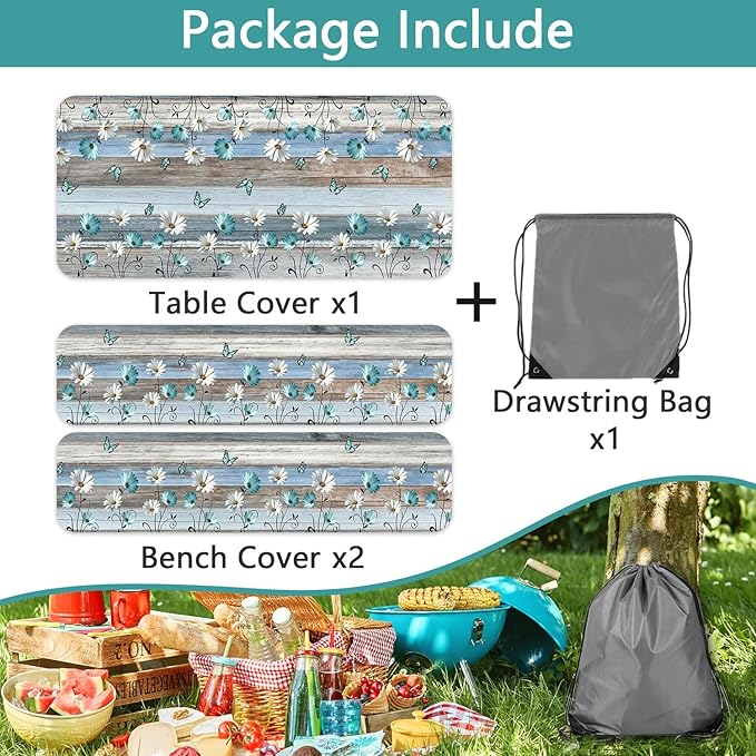 Floral Picnic Table Cover with Bench Covers, Camping Essentials, Wooden Flower Butterfly Waterproof Windproof, Fitted Tablecloth Cover with Elastic Edge, for Indoor, Outdoor, 3 PCS, 30x72 Inch