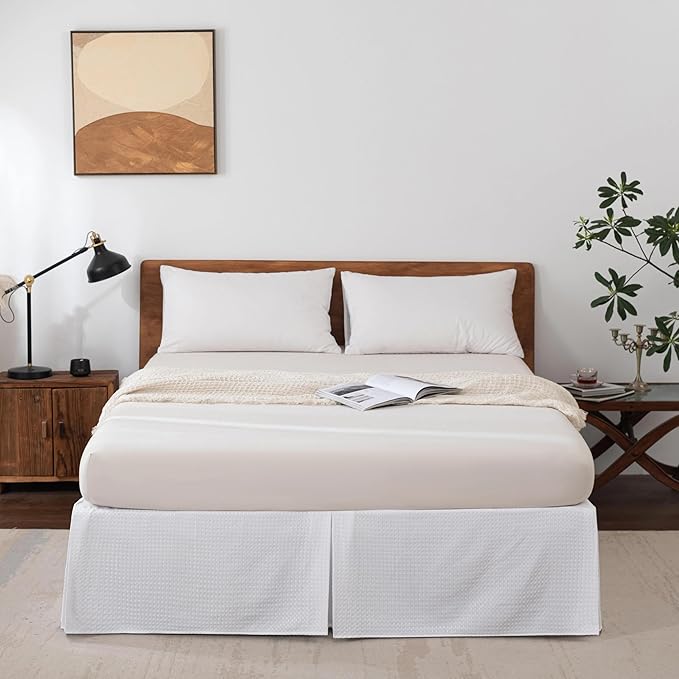 Full Bed Skirt, Wrap Around Bed Skirt with Pleated Corner, 16 Inch Drop Pleated Waffle Weave Bedskirts, Anti-Slip, Microfiber, White, 16'' Full