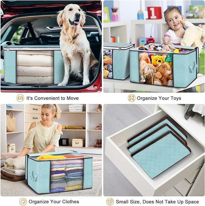 Budding Joy 90 L Large Storage Bags, 4 Pack Clothes Storage Bins Foldable Closet Organizer Storage Containers Storage and Organization for Clothes, Blanket, Comforters, Bed Sheets, Pillows (Blue)