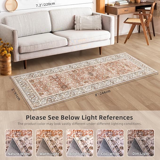3x8 Runner Rug Non Slip - Kitchen Washable Rug Runner with Non-Shedding, Boho Rugs Cream Runners Rug for Hallways Distressed Carpet Runner Rugs for Bedroom Brick Red