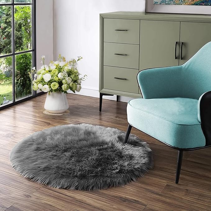 Latepis Dark Grey Round Rugs 5ft Faux Sheepskin Fur Rug for Bedroom Plush Fluffy Rug for Living Room Dorm Entertainment Room Luxury Home Decor