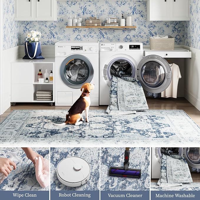 jinchan Fiora Runner Rug 2x6 Washable Hallway Runner - Vintage Floral Non Slip Low-Pile Soft Thin Kitchen Rug Distressed Carpet for Farmhouse Bedroom Entryway Laundry Room(2x6ft, Dark Blue)