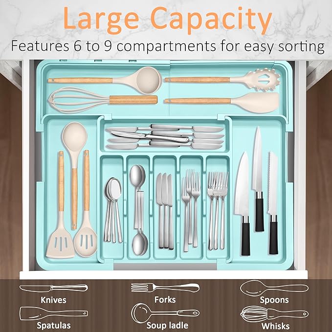 Silverware Organizer Expandable Kitchen Utensil Drawer Organizer Large BPA Free Adjustable Cutlery Silverware Tray for Spoons Forks Knives Storage Divider for Kitchen Flatware 6-9 Slots Turquoise