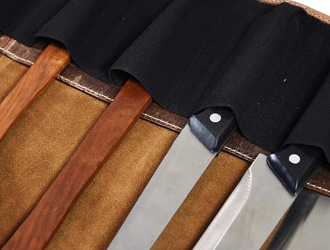 Leather Knife Roll Storage Bag, Elastic and Expandable 10 Pockets, Adjustable/Detachable Shoulder Strap, Travel-Friendly Chef Knife Case (Dark Brown, Leather)