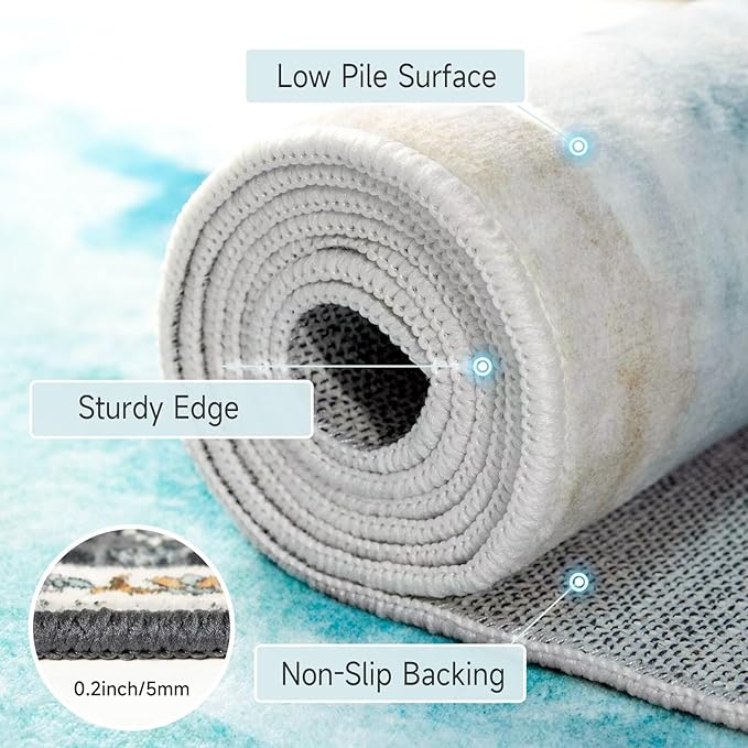 Beach Pattern 2x8ft Runner Rug Non Slip Washable Kitchen Runner Rug with Rubber Backing，Low-Pile Soft Washable Runner Rugs for Hallway Entryway Kitchen Bedroom Living Room Bathroom