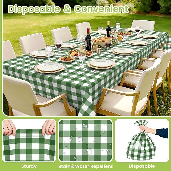 Mulbozy Sage Green Gingham Tablecloth 4 Pack, 54 x 108 Inch Plastic Table Cloth Disposable, Sage Green and White Checkered Table Cover for Party Supplies