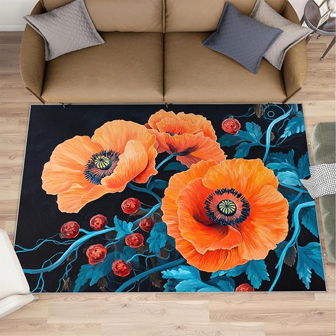 5x7 Poppy Rugs for Bedroom - Retro Flowers Art Print Rug, Rustic Florals Art Rug Non Slip Soft Rugs for Living Room Hardwood Floors Teen Room