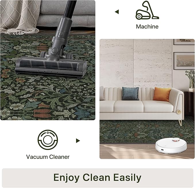 Bavni Floral Hallway Runner Rug 2'6" x 8', Washable Non Skid Boho Carpet for Entryway Kitchen Laundry Room, Soft Ultra Thin Botanical Long Runner for Indoor Floor Decor, Dark Green