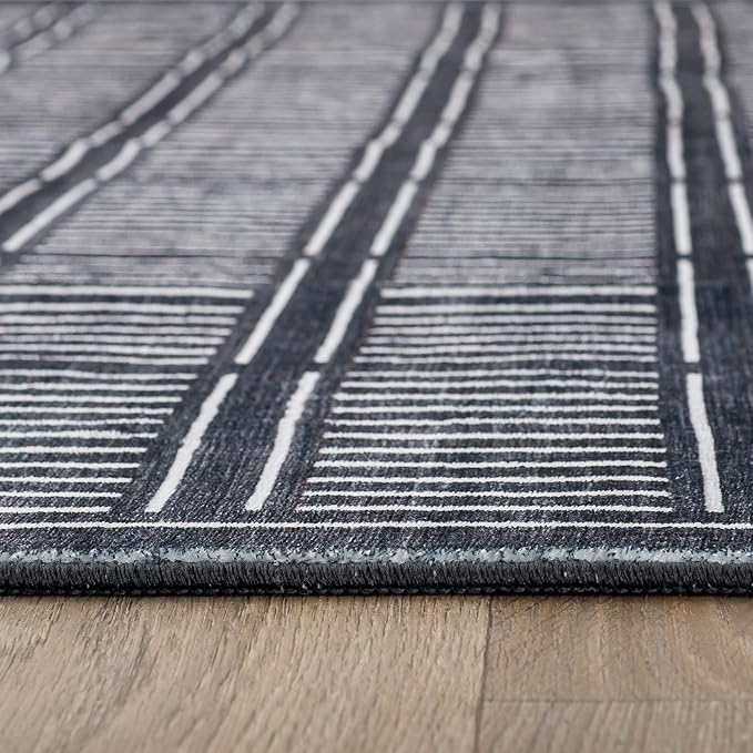 Rugshop Bohemian Stripe Lines Washable Non Slip Area Rug 8' x 10' Black