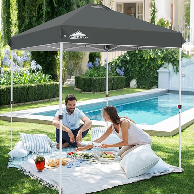 EAGLE PEAK Pop Up Canopy Tent with Wheeled Carry Bag, 8 Stakes, 4 Ropes, Easy Set Up Tent Canopy, 6.6x6.6 ft, Gray