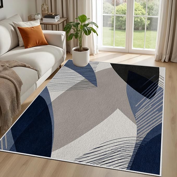 Abstract Art Line Living Room Area Rugs 7x10, Modern Boho Geometric Print Soft Rug, Minimalist Washable Non Slip Neutral Carpet for Bedroom, Dining Room Office Playroom, Navy Blue Gray