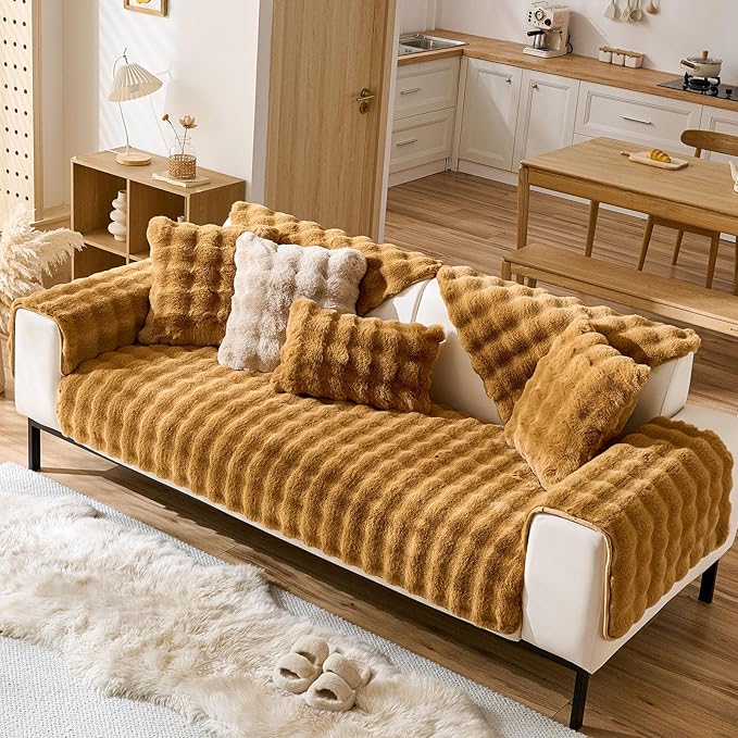 Faux Fur Couch Cover Fuzzy Soft Plush Thick Bubble Sofa Cover Luxury Sectional Couch Covers Luxury Anti-Slip Sofa Slipcover Washable Furniture Protector (Brown Yellow,36"x94")