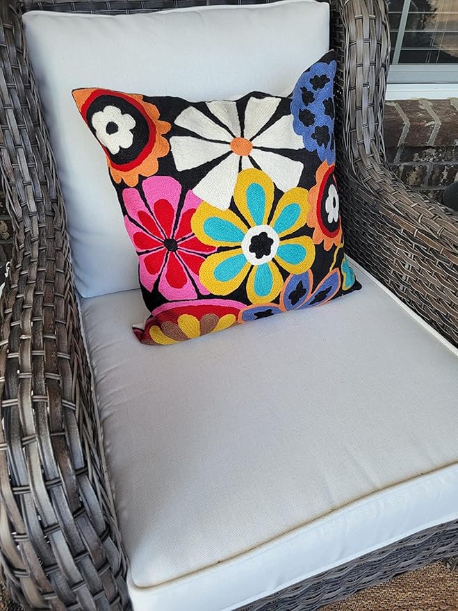 Modern Black Daisy Floral Pillow Cover Accent Flower Traditional Pillowcase Hand Embroidered Florals Couch Pillowsham Boho Outdoor Cushion Suzani Accent Pillow Wool 18x18 Inch