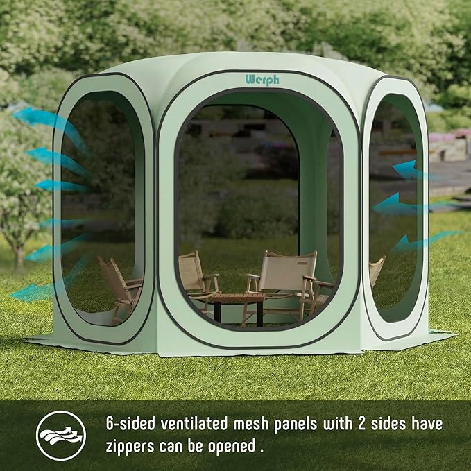 Werph 10x10 Pop Up Screen Tent, Mosquito Net Gazebo, UV Resistant Roof Waterproof Screen Canopy, Quick Setup Outdoor Shelter for Backyard, Patio, Garden, Picnic, Camping and Events, Green