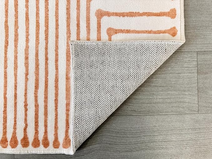 GLN Rugs Contemporary Collection - Machine Washable Area Rug, Contemporary Washable, Non Slip, Low Pile Chenille Rug, Living Room, Bedroom, Kitchen Rug (3' x 5' Orange Beige)