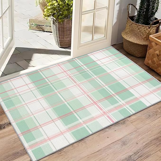 Plaid Indoor Rugs for Entryway - 2x3ft - Mint Green Tartan Gingham Washable Non Slip Low Pile Small Area Rug for Bedroom, Plaid Carpet Home Decor & Gifts