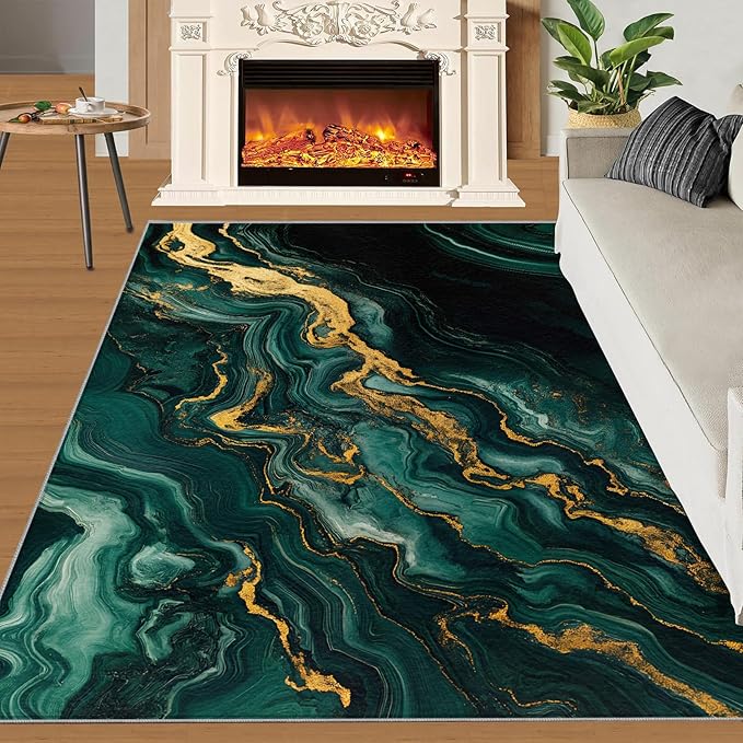 5x8 Abstract Marble Kids Rug - Emerald-Green-Marble Dining Room Rug, Luxury Stone Pattern Area Rugs Indoor Modern Rugs for Bedroom Hardwood Floors Teen Room