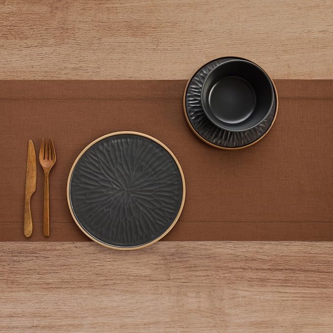 Solino Home Linen Brown Table Runner 120 Inches Long - 100% Pure Linen Hemstitch 14 x 120 Inch Table Runner for Dining - Classic Hemstitch
