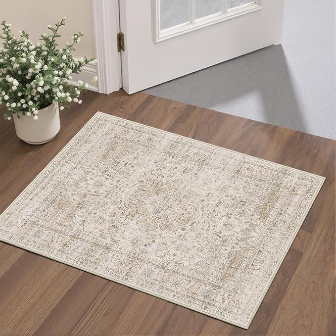 2x3 Washable Beige Area Rug Vintage Entryway Kitchen Carpet Non-Slip Soft Low Pile Distressed Indoor Small Throw Rug for Bedroom Bathroom Entrance