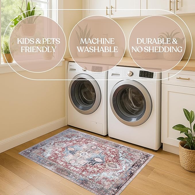 Washable Area Rug. Modern Farmhouse. Vintage. Turkish. Bohemian. Distressed. Oriental. Traditional. Rugs for Living Room. Dining. Bedroom. Office. Entryway. Foyer. (858RM, 7'5" x 9'8")