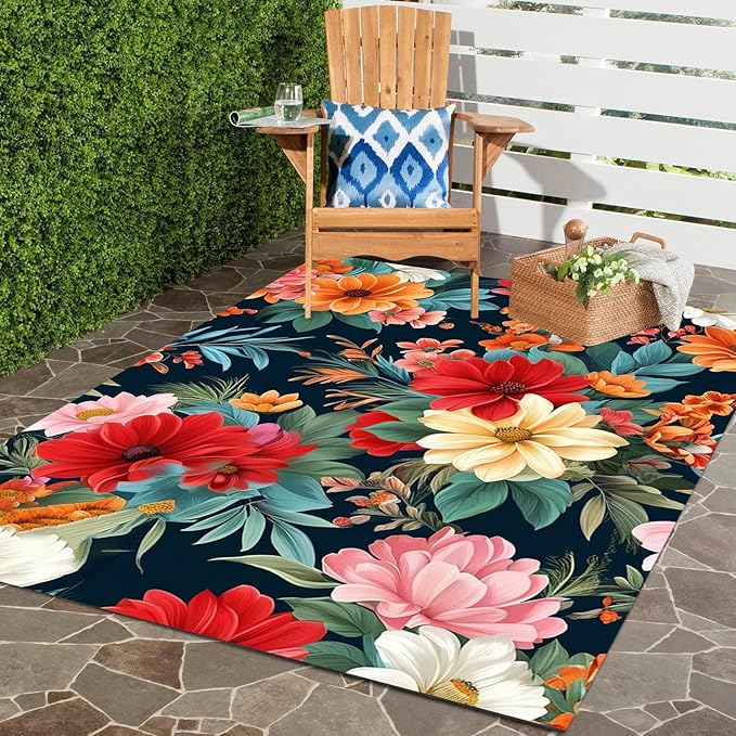 Washable Outdoor Rug with Floral Texture 2x3 Waterproof Non Slip Vibrant Area Rugs for Patio Deck Garden Balcony Large Flower Print Camping Porch Backyard Outside Carpet Red Navy Blue
