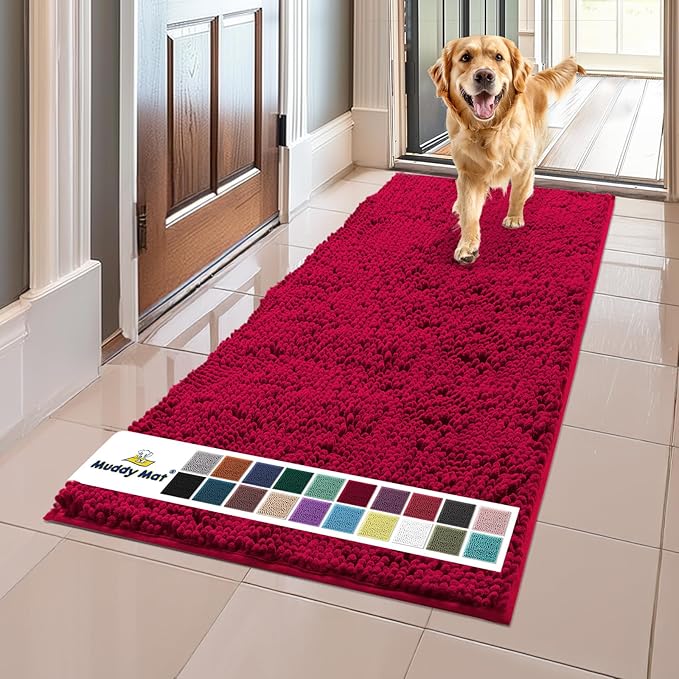 Muddy Mat® | Super Absorbent Door Mat Indoor, Microfiber Quick Dry Chenille Entryway Rug, Non-Slip Front Door Mat, Indoor Mats for Entryway, Machine Washable Pet Rug, Maroon 24"x60"