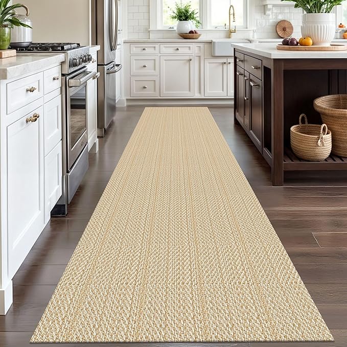 IOHOUZE Washable Runner Rug 3x12 Non Slip Rubber Backed Extra Long Hallway Runner Entryway Runner Indoor, Kitchen Rugs Woven Cotton Carpet for Hall Entrance Stair, Warm Beige/Orange/Apricot